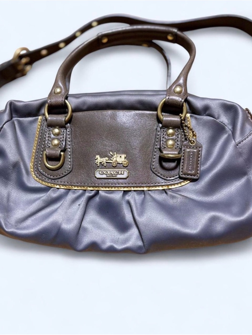 Coach Satin Purple Shoulder Bag with Brown Leather Trim - Picture 2 of 8